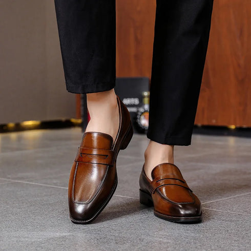 Elegant Genuine Leather Slip-On Oxford Loafers for Men - Formal and Casual Dress Shoes for Office & Career with Pointed Toe Design